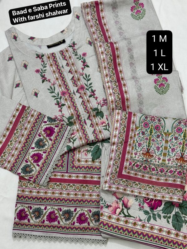 Baad e Saba Premium Printed 3-Pc Lawn with Farshi Shalwar 2025