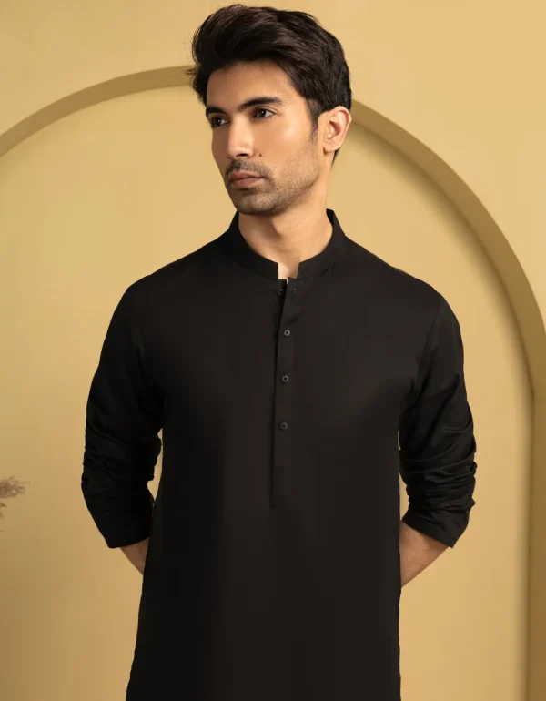 J. MENS SHALWAR KAMEEZ STITCHED BLACK COTTON KURTA TROUSER - Image 3