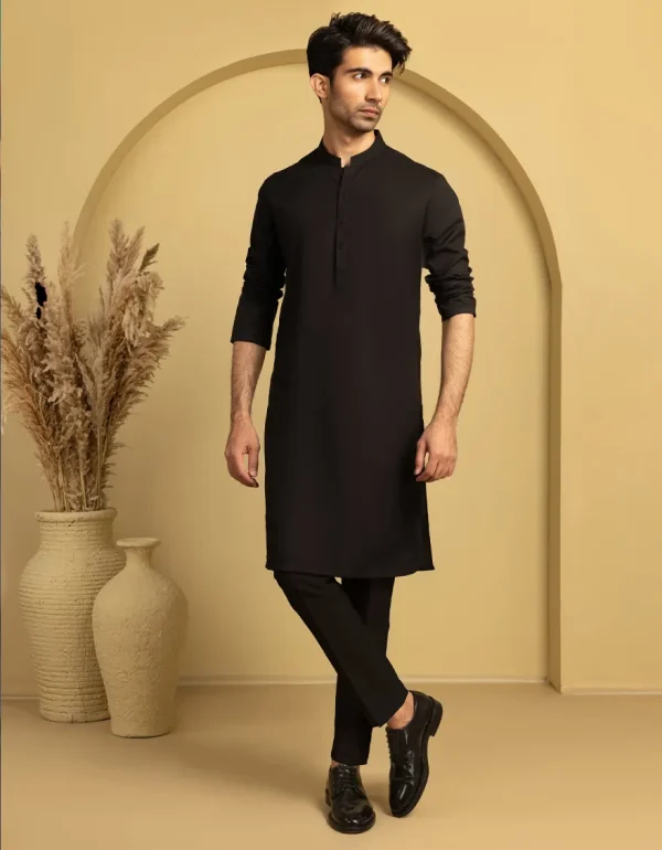 J. MENS SHALWAR KAMEEZ STITCHED BLACK COTTON KURTA TROUSER - Image 4