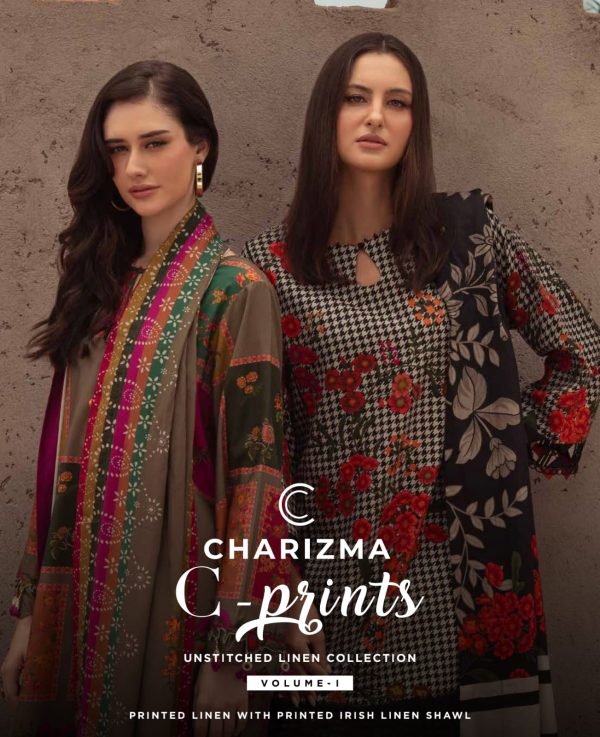 Charizma C-Print Printed Linen suit with Printed Irish Lenin Shawl Vol.1 * 3Pcs  Unstitched Collection